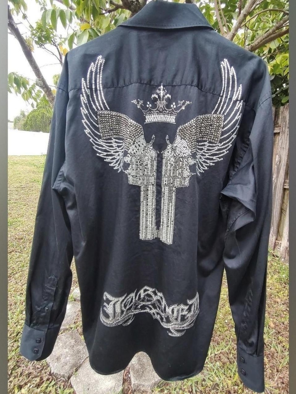 Rhinestone Pistols Mens Button Long Sleeve  Shirt